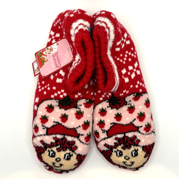 Strawberry Shortcake Shoes - Strawberry Shortcake Slipper Socks, Faux Fur Inside, Non-Slip Bottom, Sz. 9-11